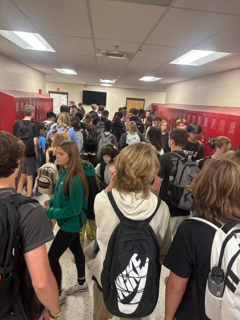 Students make their way through the science hall. Students are concerned about the crowded hallways. "I’m late or very close to late to almost every class," Singleton said.